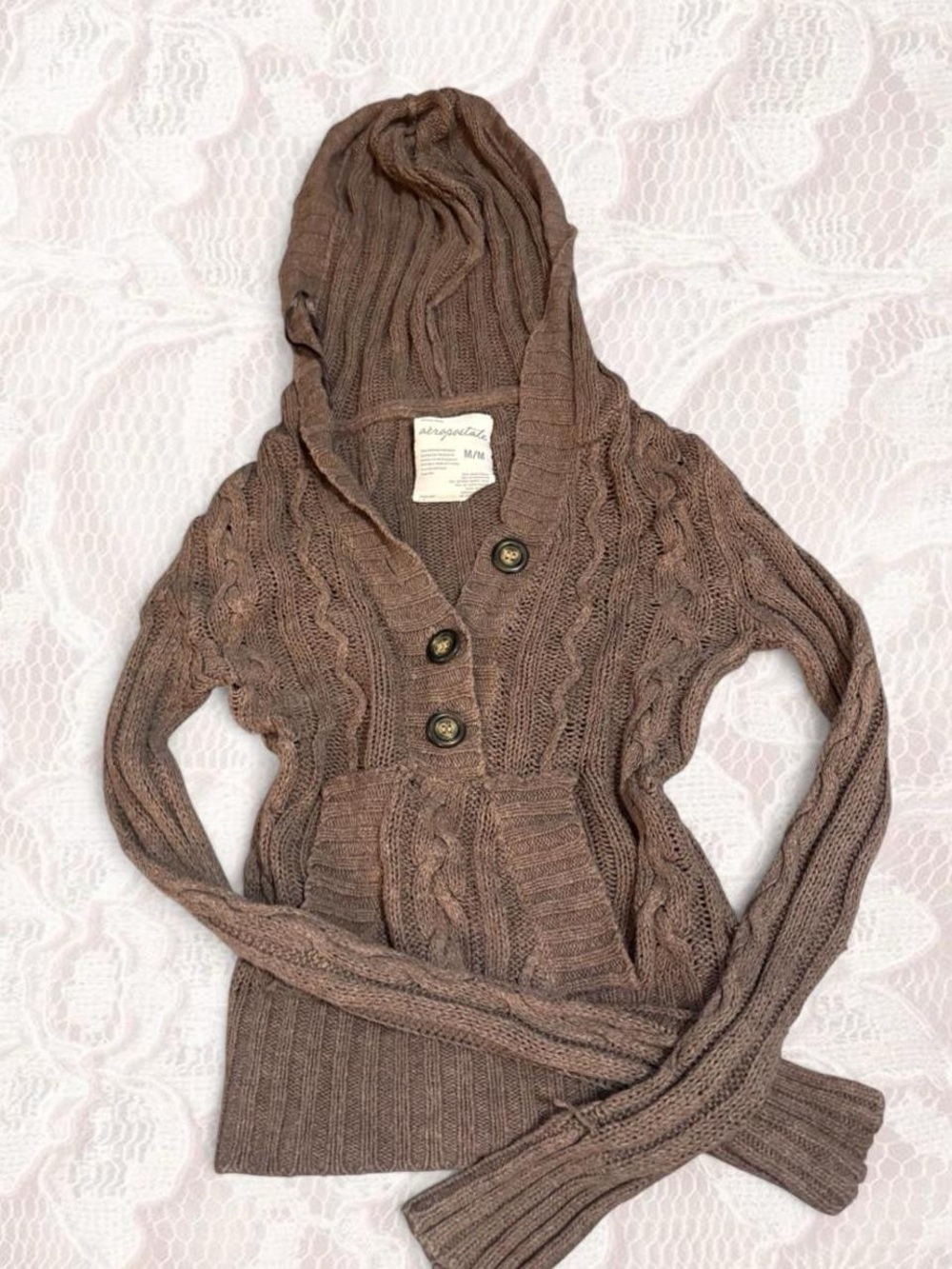 Aeropostale Taupe Cable Knit Hooded Cardigan